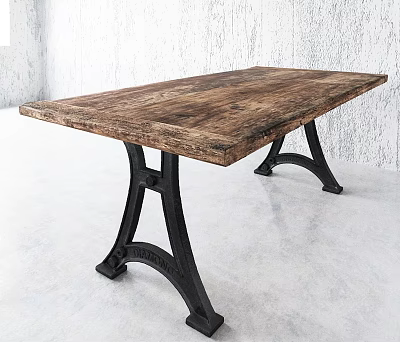 Rustic Wooden Table With Black Metal Legs Against White Textured Wall And Gray Floor 3d model