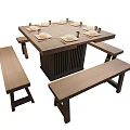Rectangular Wooden Dining Table with Four Matching Benches and Table Settings 3d model