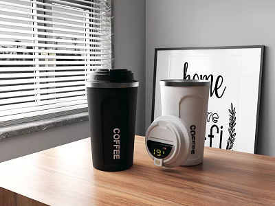 Black And White Coffee Mugs With Temperature Display Lid On Wooden Tabletop Home Art 3d model