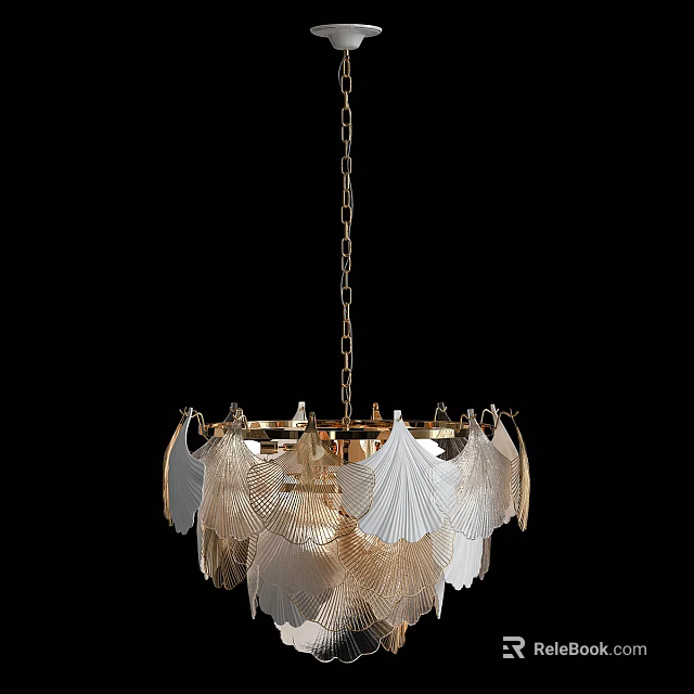 Elegant Modern Chandelier With Gold Chain And Scalloped Glass Decorative Shades 3d model 