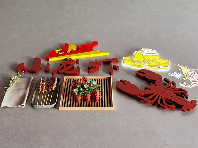 Delicious Red Crayfish And Grilled Skewers On Wooden Platter With Decorative Elements 3d model