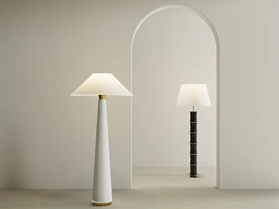 White Cone Floor Lamp And Black Column Lamp In Minimalist Room With Archway 3d model