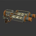 Sci-Fi Weapon with Dual Orange Barrels Metallic Structure and Green Glowing Elements