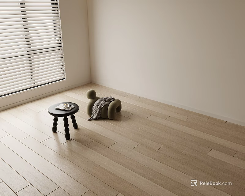 Light Wood Flooring In Minimalist Living Space With Stool 3d model 
