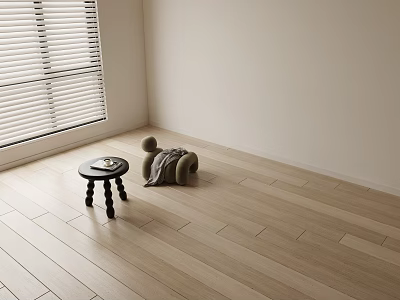 Light Wood Flooring In Minimalist Living Space With Stool 3d model