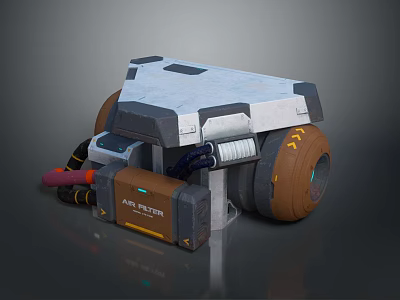 Industrial Mechanical Device With Gray Body Brown Wheels Air Pump Box Pipes And Cables 3d model