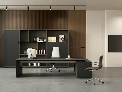 Modern Office Desk With Wooden Wall Bookshelf Computer Chair Desk Lamp And Files 3d model