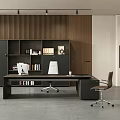 Modern Office Desk With Wooden Wall Bookshelf Computer Chair Desk Lamp And Files