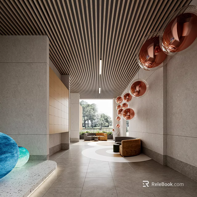 Modern Spacious Lobby Interior With Unique Hanging Copper Decorations And Comfortable Lounge Seats 3d model 