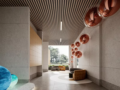 Modern Spacious Lobby Interior With Unique Hanging Copper Decorations And Comfortable Lounge Seats 3d model