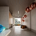 Modern Spacious Lobby Interior With Unique Hanging Copper Decorations And Comfortable Lounge Seats