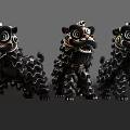 Traditional Black Lion Statues With Ornate Patterns And Gold Accents Three Decorative Figurines