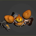 Playful Fantasy Cartoon Character With Orange Horns Crown Orange Outfit Holding Tool