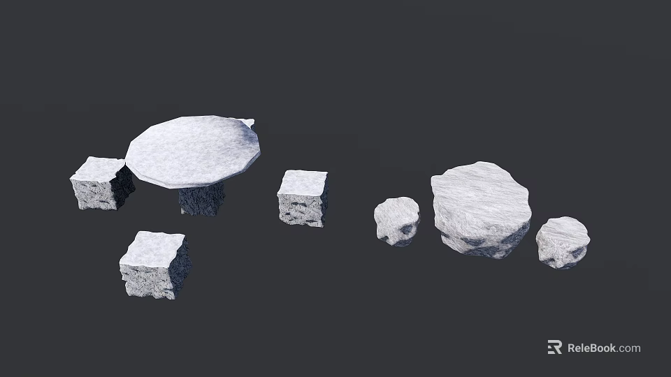 Natural Stone Table And Chairs Set With Round Tabletop And Square Stools 3d model