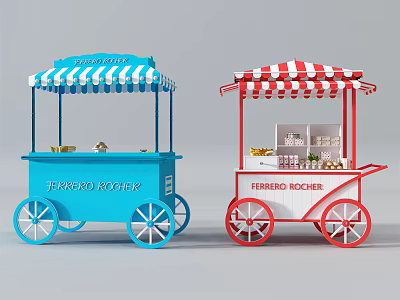 Colorful Mobile Food Carts with Stripe Canopies Selling Tiramisu Coffee and Ferrero Rocher 3d model