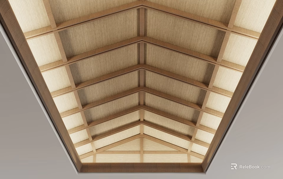 Modern Wooden Ceiling Design With Grid Frame And Natural Wood Beams 3d model 