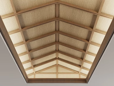 Modern Wooden Ceiling Design With Grid Frame And Natural Wood Beams 3d model