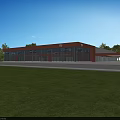 Modern Car Dealership Exterior Design With Glass Curtain Walls Red Architecture Green Lawn And Trees