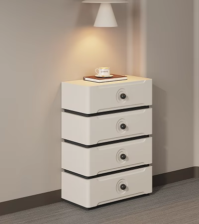 White Chest of Drawers with Round Knobs Cup and Book on Top Warm Indoor Lighting 3d model