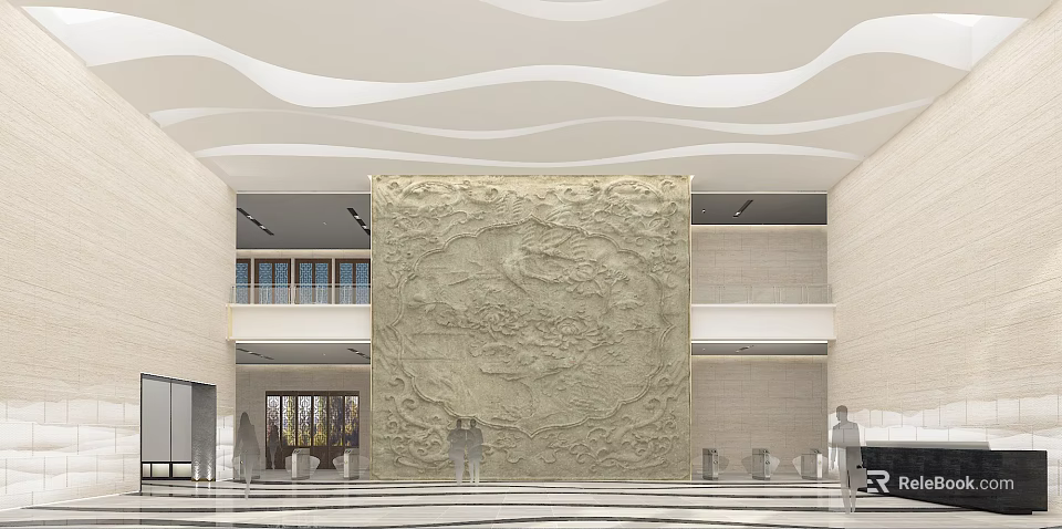 Modern Lobby Interior With Large Carved Relief Wall And Wavy Ceiling 3d model 