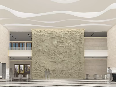 Modern Lobby Interior With Large Carved Relief Wall And Wavy Ceiling 3d model