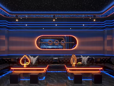 Luxury KTV Room Interior With Neon Lights Sofas Bar Counters Starry Ceiling And Modern Design 3d model