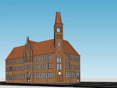 Classical Style Office Building With Brown Exterior Red Brown Roof And Tower 3d model