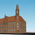 Classical Style Office Building With Brown Exterior Red Brown Roof And Tower