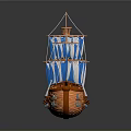 Pirate Ship Model Featuring Orange Hull Blue White Striped Sails And Skull Flag