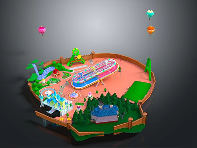 Modern Amusement Park Model With Carousel Slide Trees Cottage And Hot Air Balloons 3d model