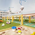 School Building Exterior With Arch Gate Yellow School Buses And Green Playground