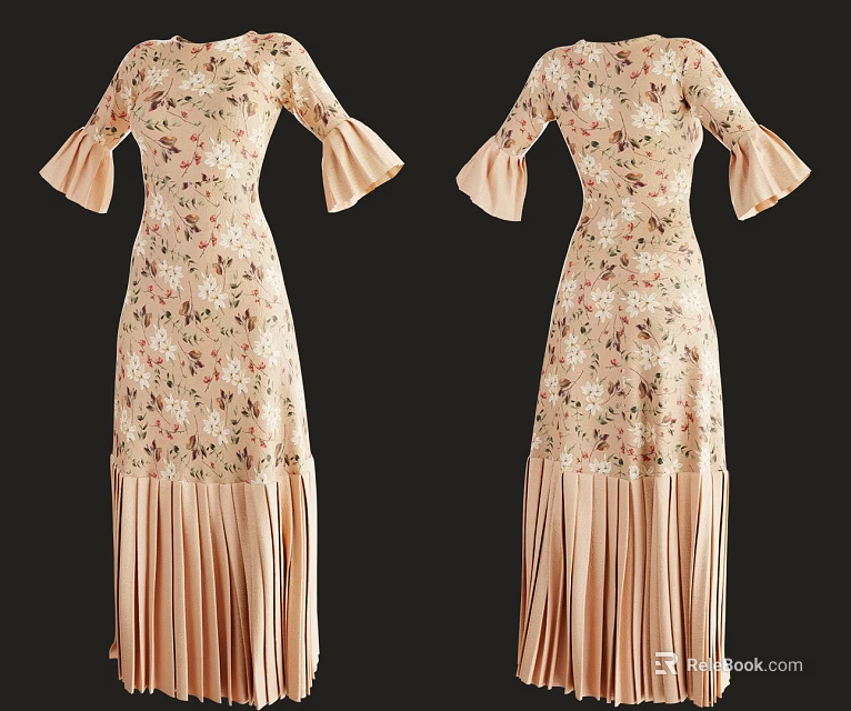 Elegant Luxury Dress with Floral Pattern Bell Sleeves and Pleated Hem Design 3d model 