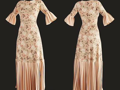 Elegant Luxury Dress with Floral Pattern Bell Sleeves and Pleated Hem Design 3d model