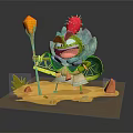 Playful Green Cartoon Character With Red Cactus Crown Torch Shield And Wings