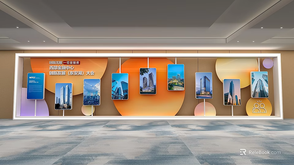 Event Display Wall With Urban Architecture Photos And Circular Decorations 3d model 