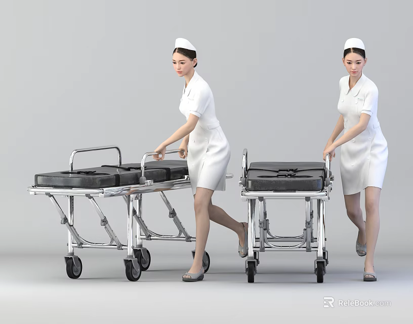 Women Nurses In White Uniforms With Nursing Caps Pushing Medical Stretchers 3d model 