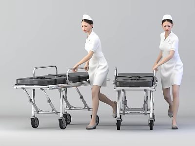 Women Nurses In White Uniforms With Nursing Caps Pushing Medical Stretchers 3d model