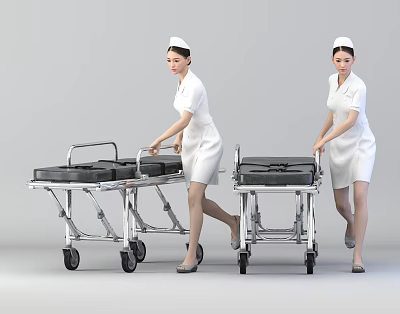 Women Nurses In White Uniforms With Nursing Caps Pushing Medical Stretchers 3d model