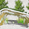 Arched Wooden Entrance Gate at Sky Playground with Trees and Greenery