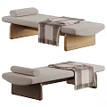Modern Beige Fabric Ottoman Bench With Wooden Legs And Striped Throw Blanket