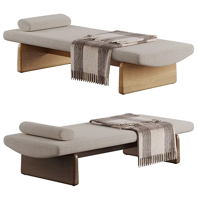 Modern Beige Fabric Ottoman Bench With Wooden Legs And Striped Throw Blanket 3d model