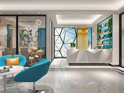 Contemporary Reception Area Design With White Geometric Desk Blue Lounge Chairs And Green Plants 3d model