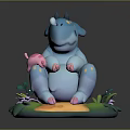 Cute Blue Dinosaur And Pink Pig Cartoon Characters Sitting On Green Grass With Purple Flowers