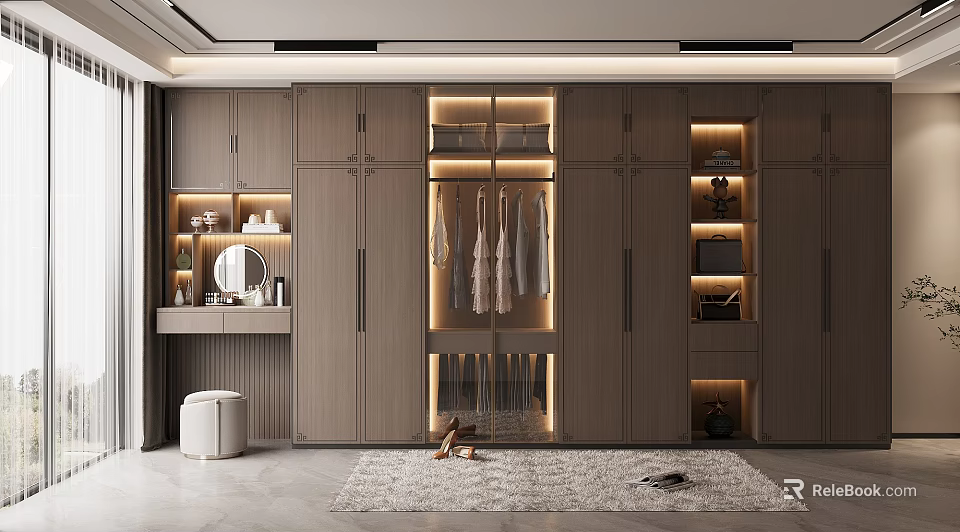 Modern Wooden Wardrobe with Lighting Hanging Clothes and Dressing Table Mirror 3d model 