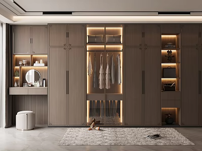 Modern Wooden Wardrobe with Lighting Hanging Clothes and Dressing Table Mirror 3d model
