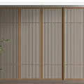 Minimalist Wooden Sliding Doors With Vertical Stripes And Green Plant Accent