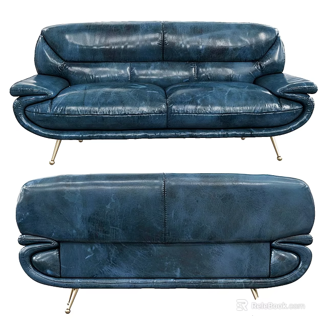 Navy Blue Leather Two Seater Sofa with Modern Metal Legs and Vintage Inspired Design 3d model 
