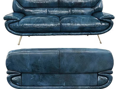 Navy Blue Leather Two Seater Sofa with Modern Metal Legs and Vintage Inspired Design 3d model