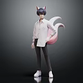 Anime Style Character With Cat Ears And Pink Fox Tail In White Shirt Black Pants