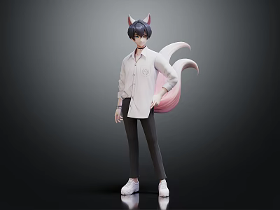 Anime Style Character With Cat Ears And Pink Fox Tail In White Shirt Black Pants 3d model